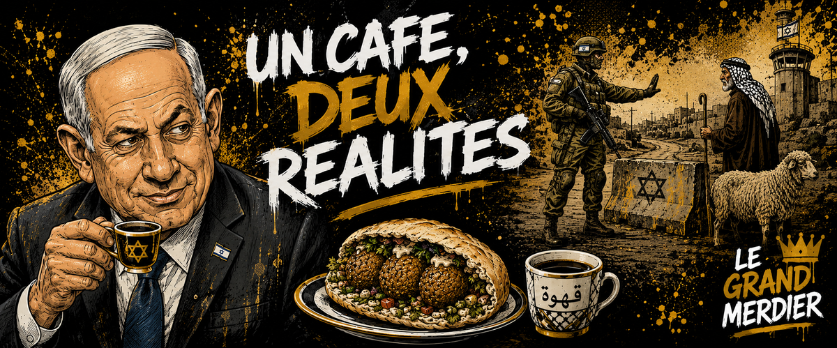 Illustration satirique Un café, deux réalités — Le Grand Merdier
