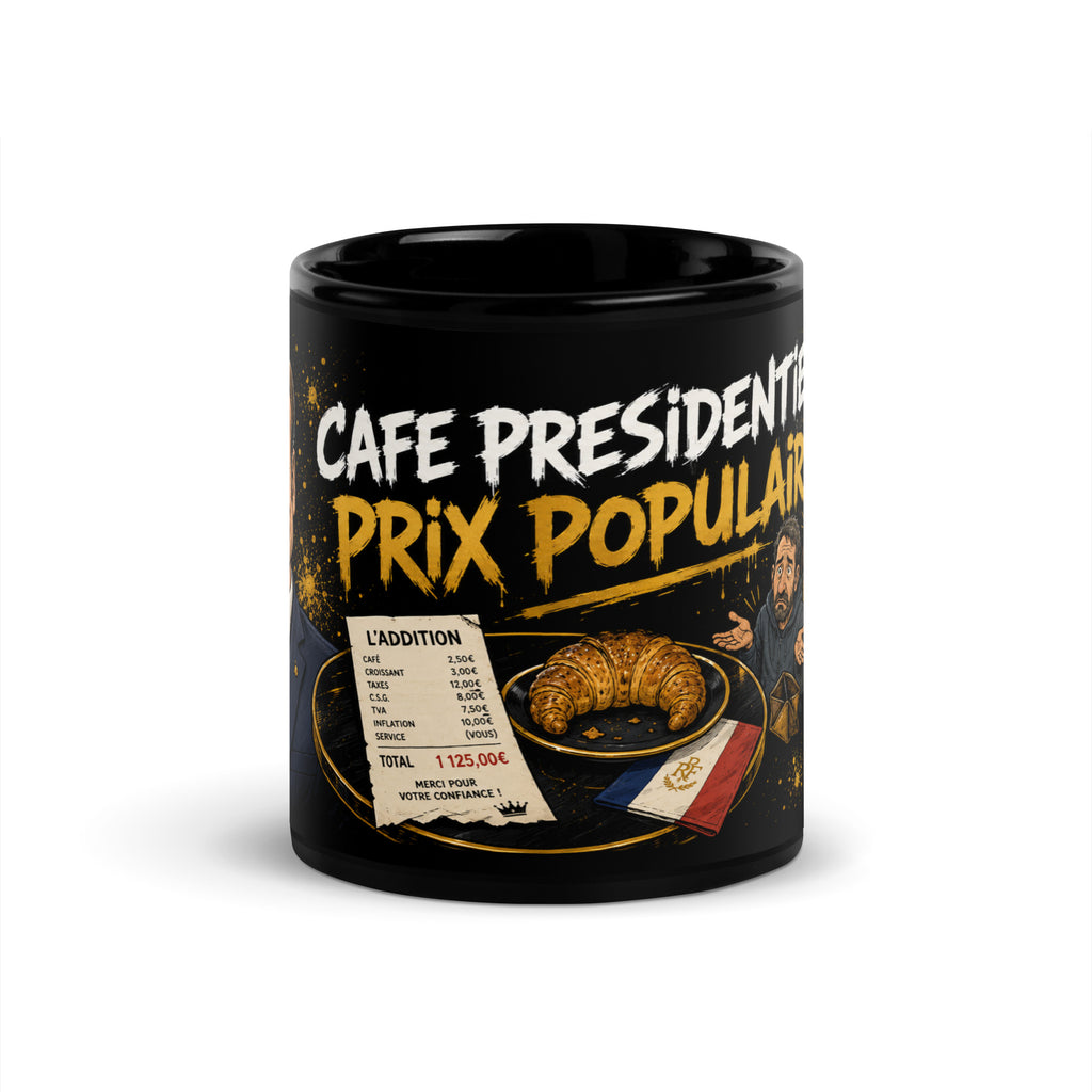 Mug satirique noir « Café présidentiel, prix populaire » — visuel produit