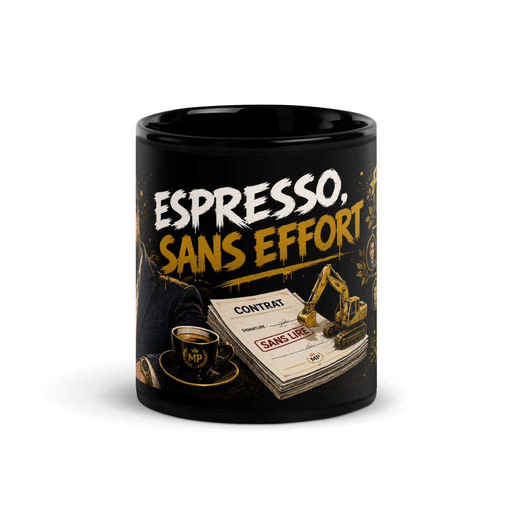 Mug satirique noir « Espresso, sans effort » — visuel produit