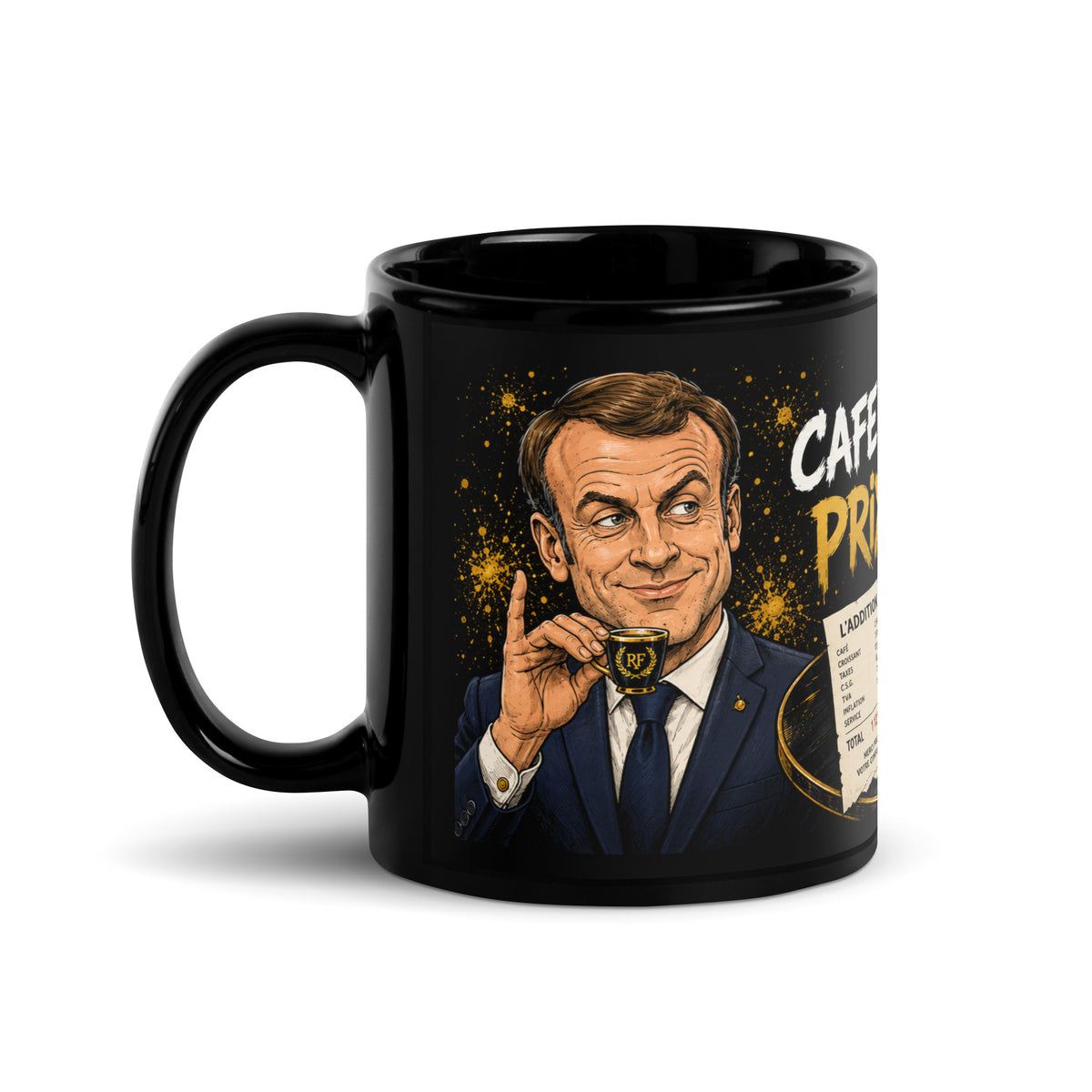 Mug satirique noir « Café présidentiel, prix populaire » — visuel produit