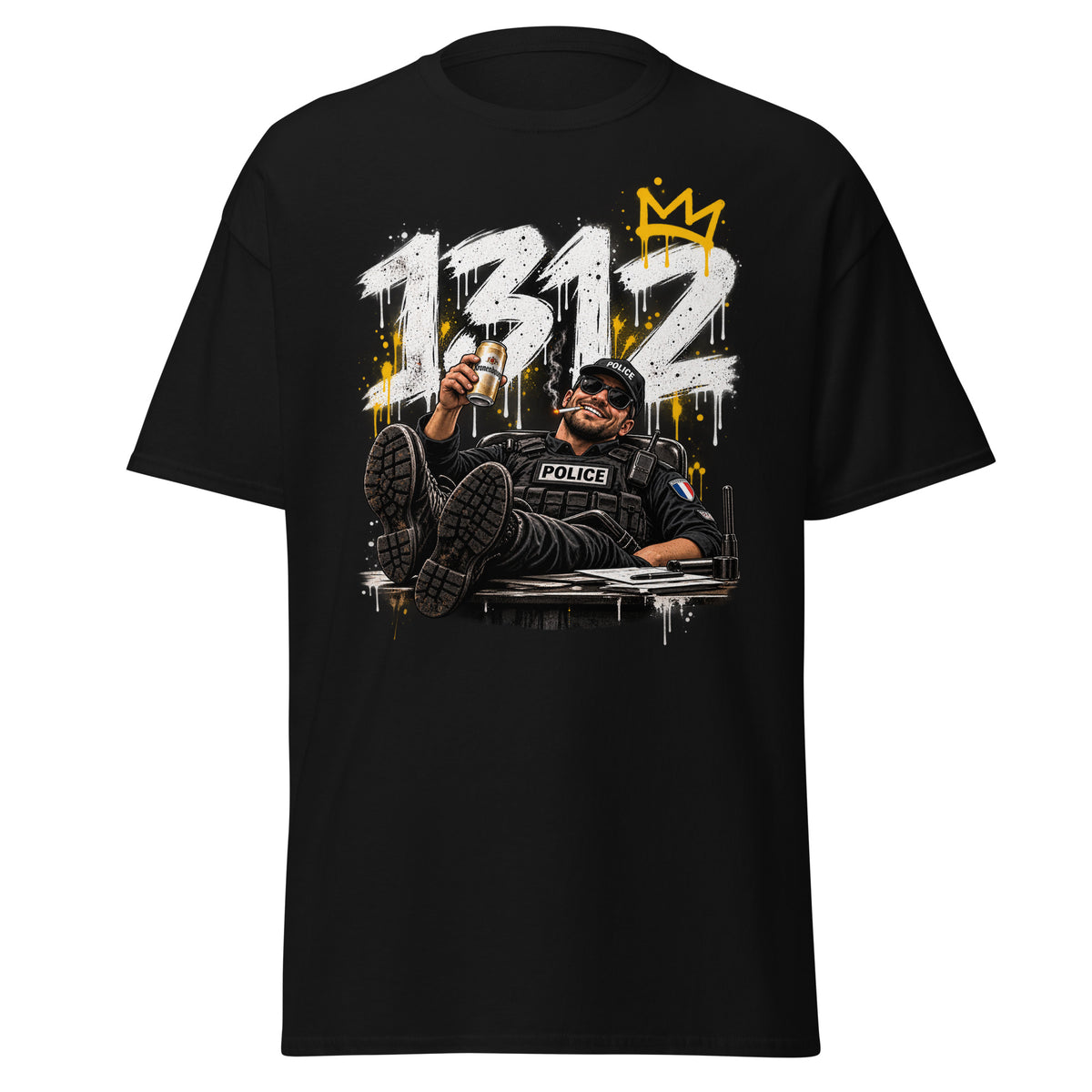 T-shirt 1312 Le Flic Qui Bosse Dur noir, vue de face — Le Grand Merdier