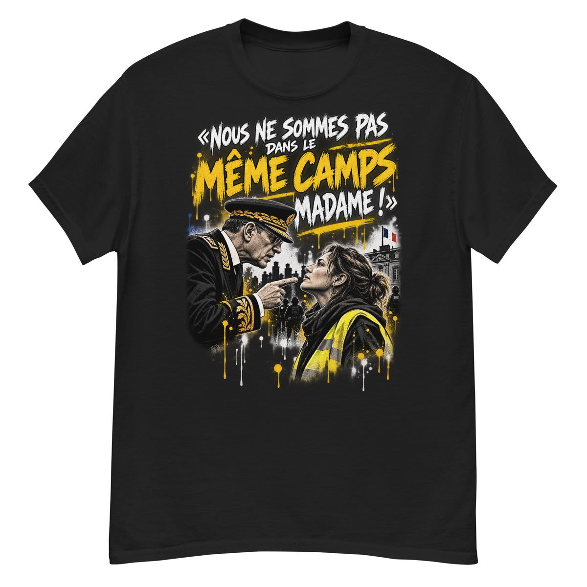 T-shirt Gilets Jaunes Pas du Même Camp Madame noir, visuel de face — Le Grand Merdier