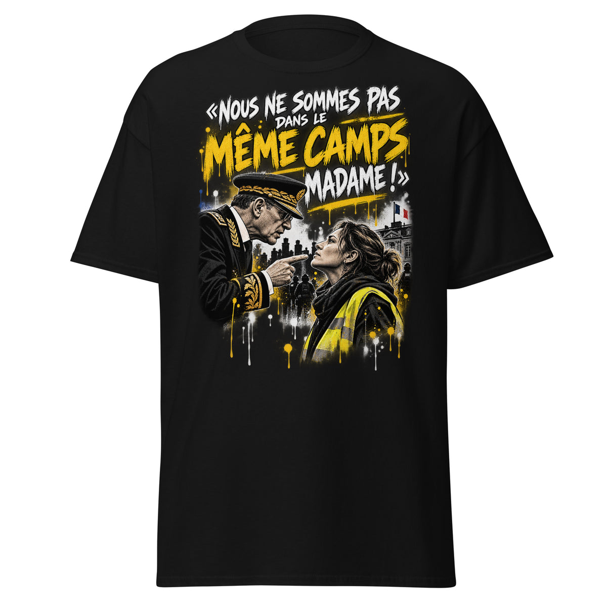 T-shirt Gilets Jaunes Pas du Même Camp Madame noir, vue de face — Le Grand Merdier
