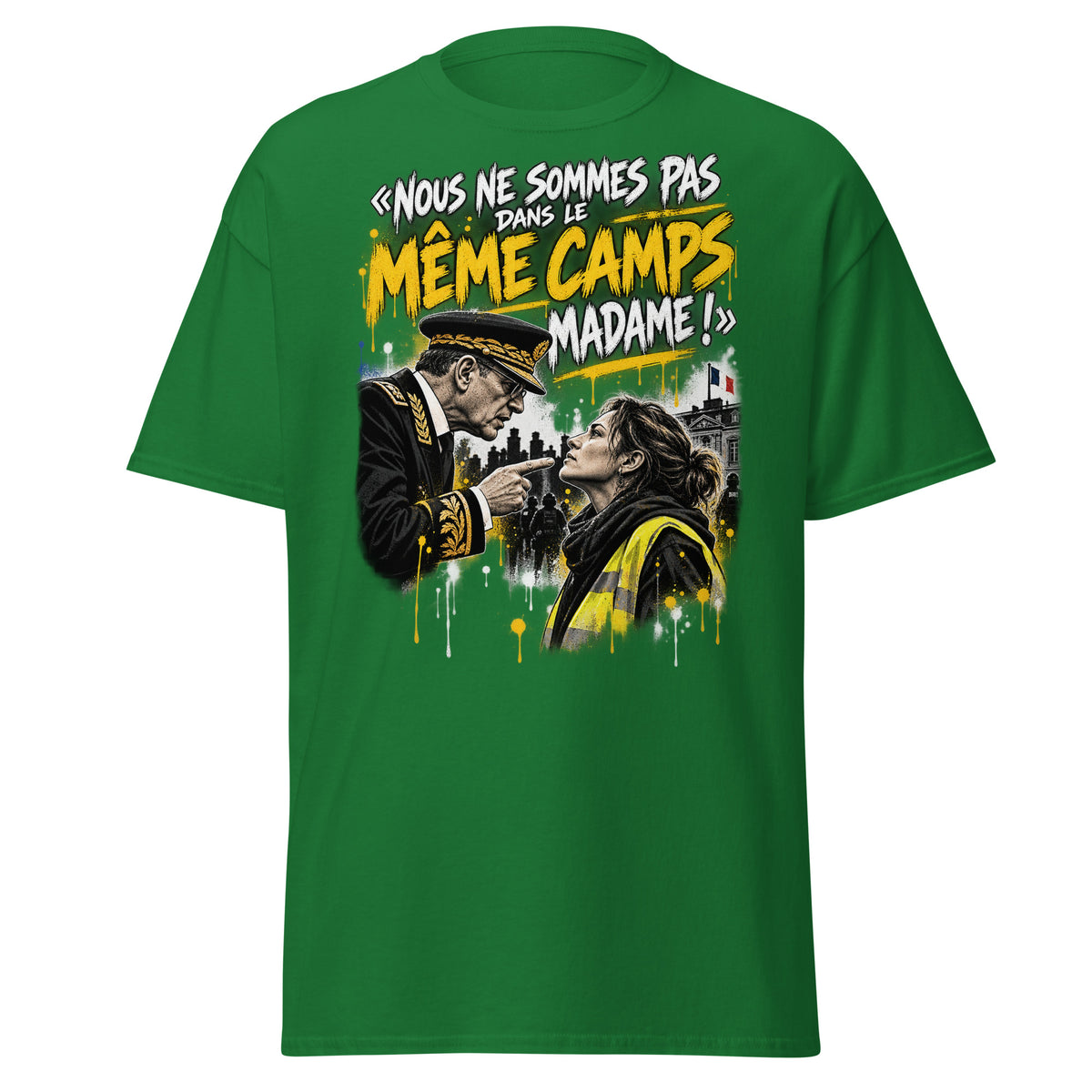 T-shirt Gilets Jaunes Pas du Même Camp Madame vert gazon, vue de face — Le Grand Merdier