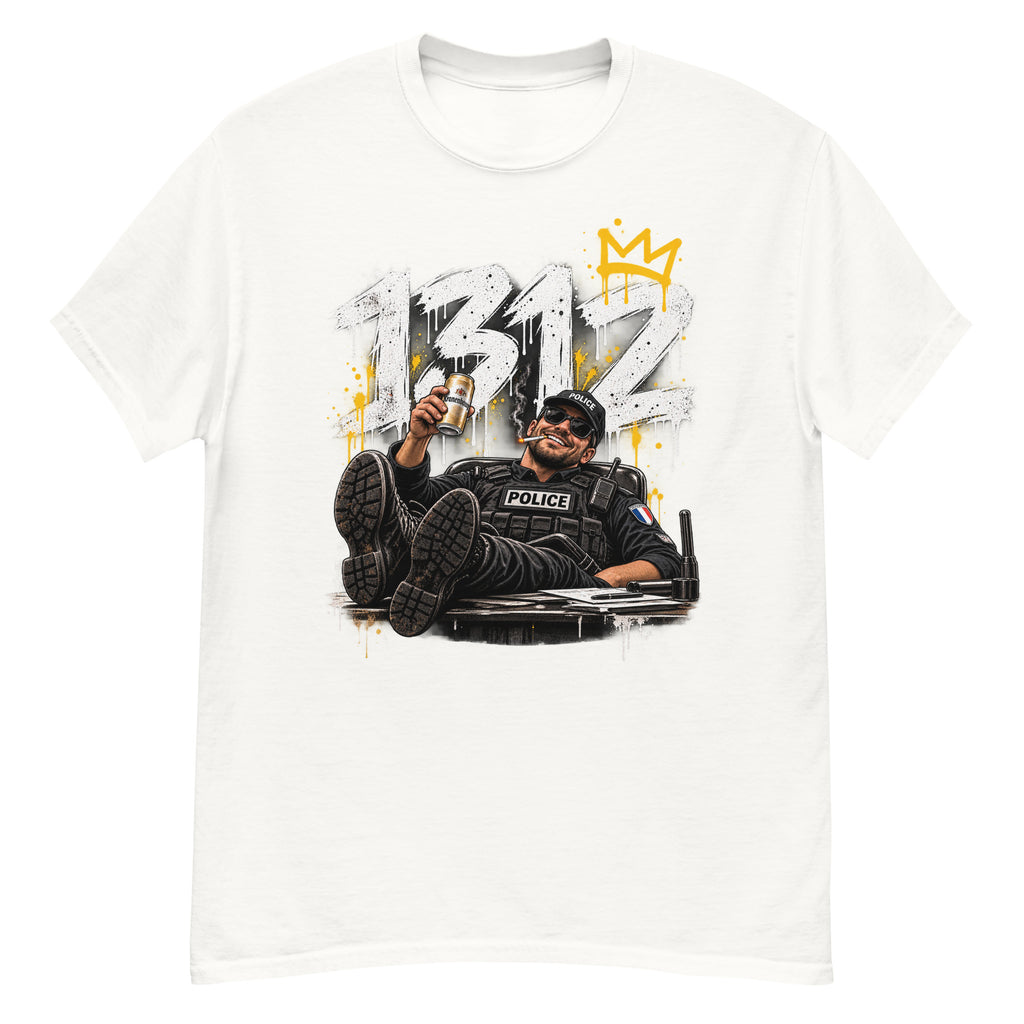 T-shirt 1312 Le Flic Qui Bosse Dur blanc, visuel de face — Le Grand Merdier