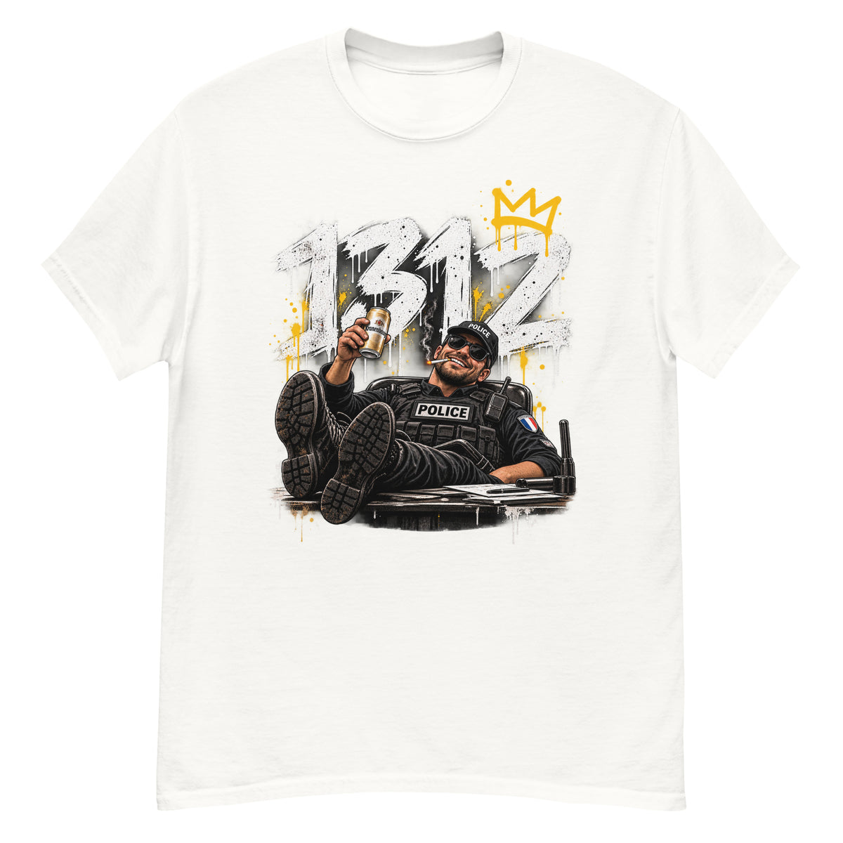 T-shirt 1312 Le Flic Qui Bosse Dur blanc, visuel de face — Le Grand Merdier