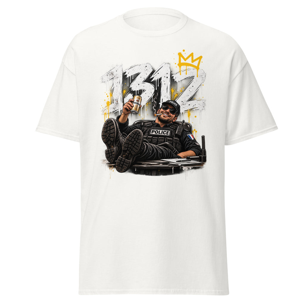 T-shirt 1312 Le Flic Qui Bosse Dur blanc, vue de face — Le Grand Merdier