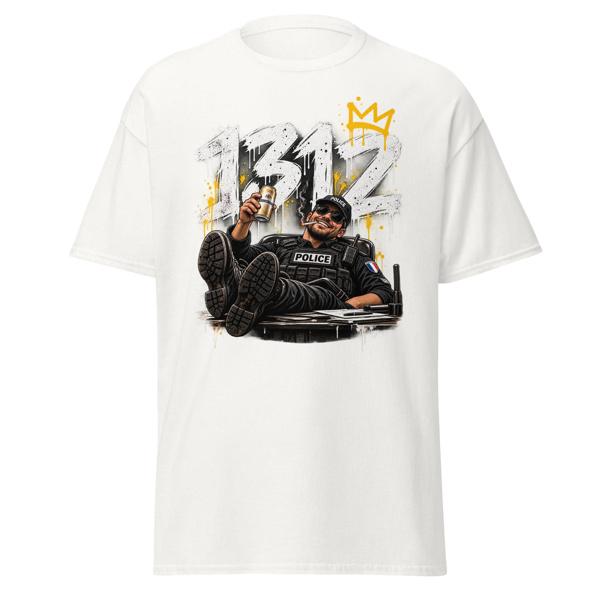 T-shirt 1312 Le Flic Qui Bosse Dur blanc, vue de face — Le Grand Merdier