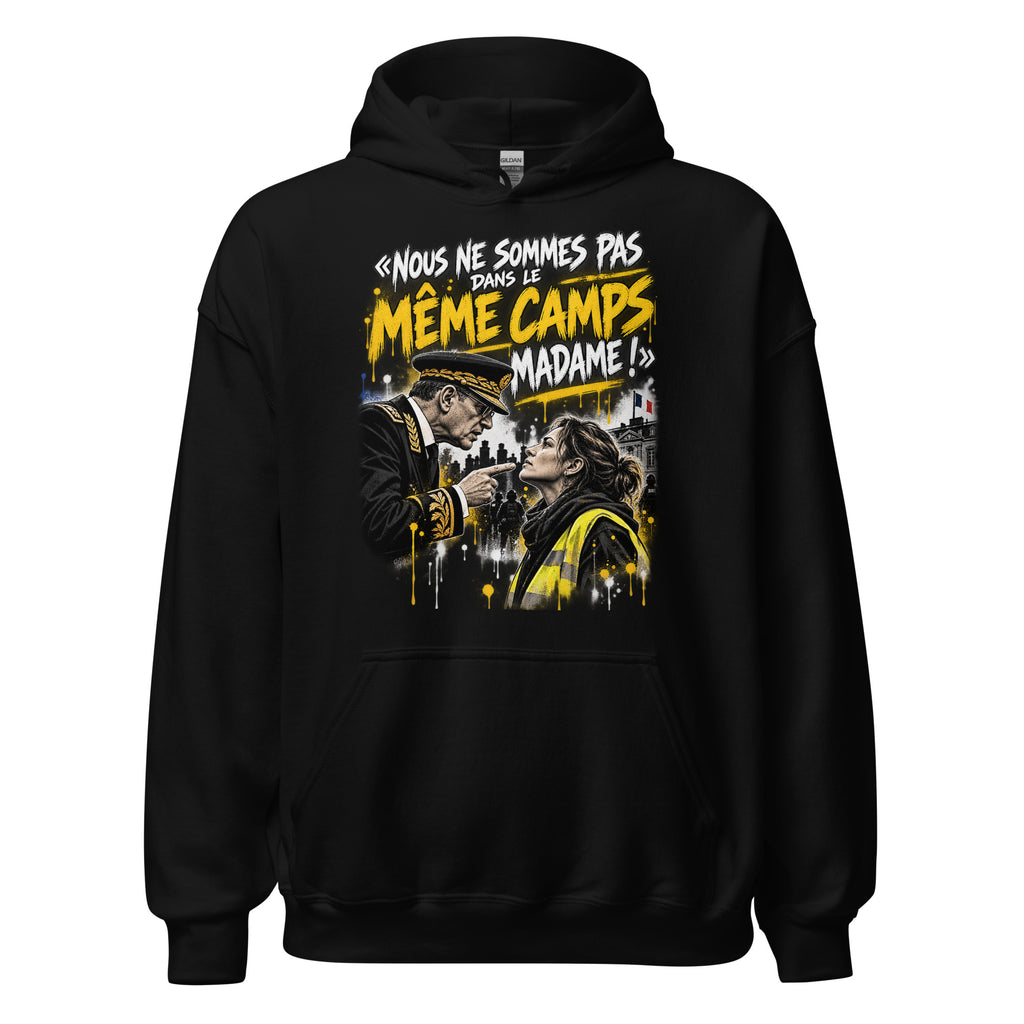 Sweat à capuche Gilets Jaunes Pas du Même Camp Madame noir, vue de face — Le Grand Merdier