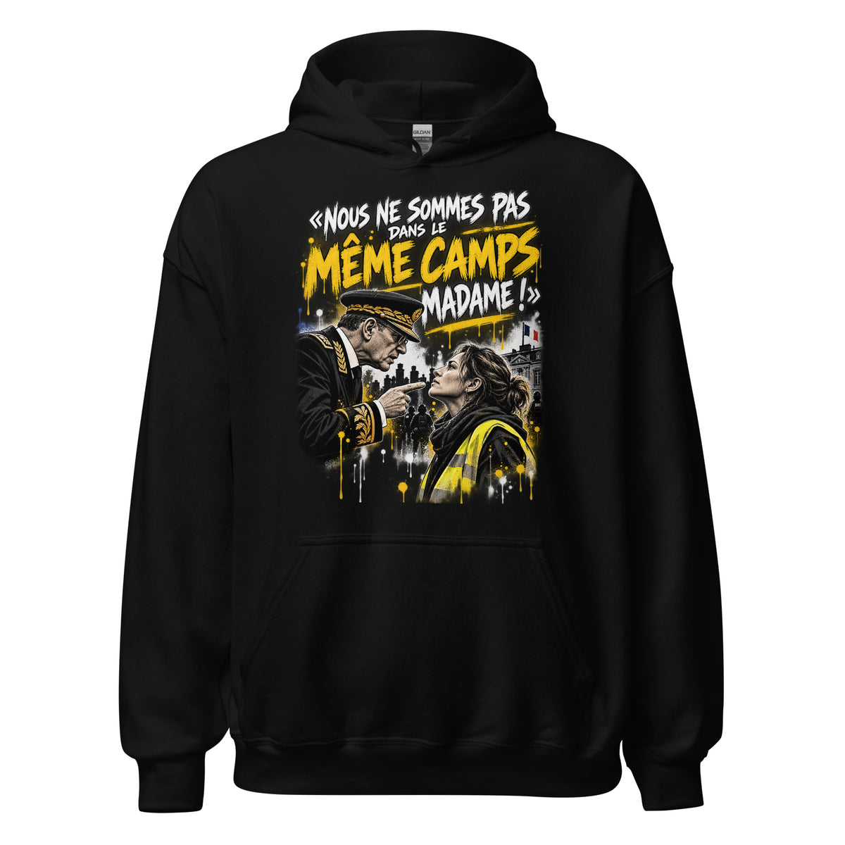 Sweat à capuche Gilets Jaunes Pas du Même Camp Madame noir, vue de face — Le Grand Merdier
