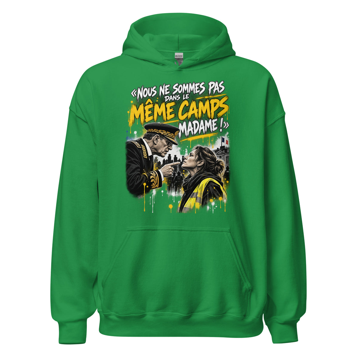 Sweat à capuche Gilets Jaunes Pas du Même Camp Madame vert menthe, vue de face — Le Grand Merdier