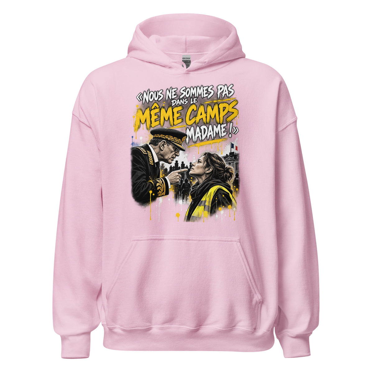 Sweat à capuche Gilets Jaunes Pas du Même Camp Madame rose clair, vue de face — Le Grand Merdier